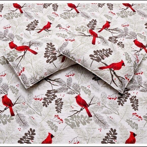 NEW! Red Cardinals Farmhouse Printed QUEEN Quilt Set with matching Tote Boho - Picture 5 of 7